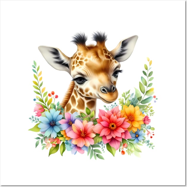 A baby giraffe decorated with beautiful colorful flowers. Wall Art by CreativeSparkzz